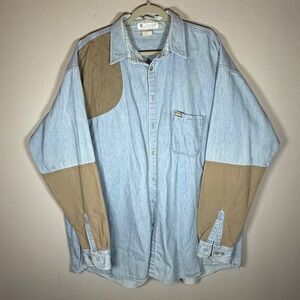 Vintage 90s Columbia Sportswear Mens Light Wash Denim work Shooting Shirt, 4XL